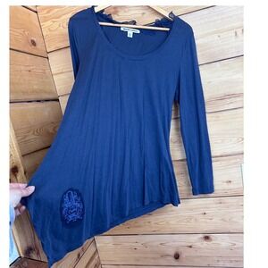 Andrew Charles Navy Blue Long Sleeve Asymmetrical Hem Mesh‎ Trim Top Large Skull